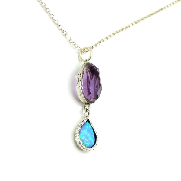Pendant - Roman Glass Silver Pendant - Opal And Amethyst Gemstones