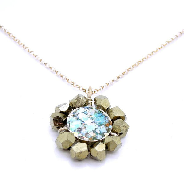 Pendant - Round Natural Pyrite Silver And Roman Glass Pendant