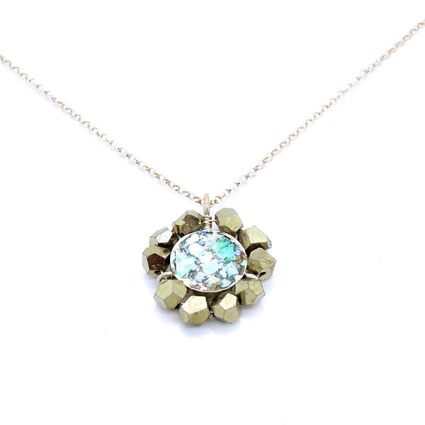 Pendant - Round Natural Pyrite Silver And Roman Glass Pendant