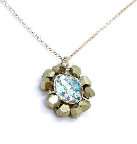 Pendant - Round Natural Pyrite Silver And Roman Glass Pendant