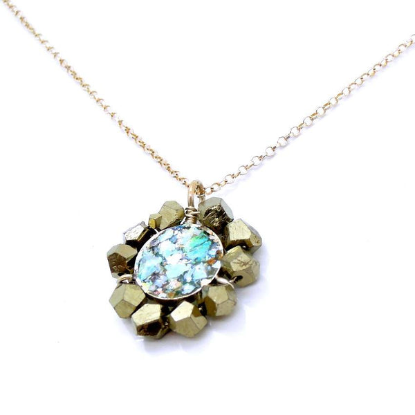 Pendant - Round Natural Pyrite Silver And Roman Glass Pendant