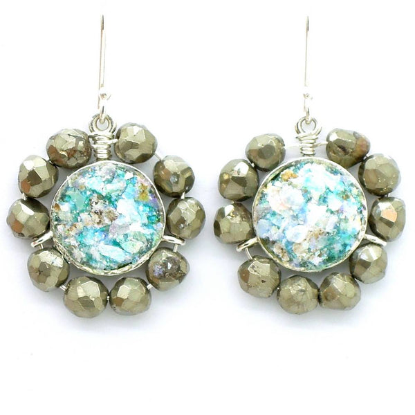 Pendant - Round Natural Pyrite Silver And Roman Glass Pendant