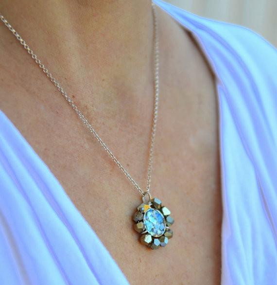 Pendant - Round Natural Pyrite Silver And Roman Glass Pendant