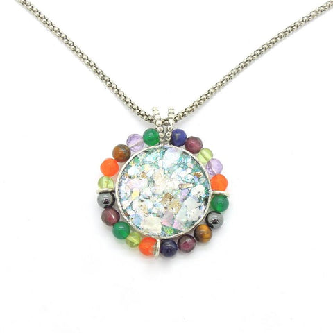 Pendant  - Round Silver And Glass Gemstone Necklace