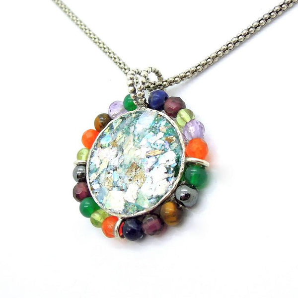 Pendant  - Round Silver And Glass Gemstone Necklace