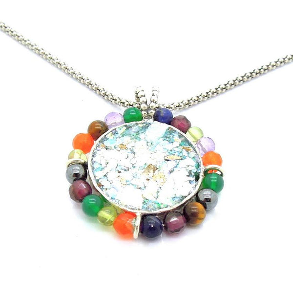 Pendant  - Round Silver And Glass Gemstone Necklace