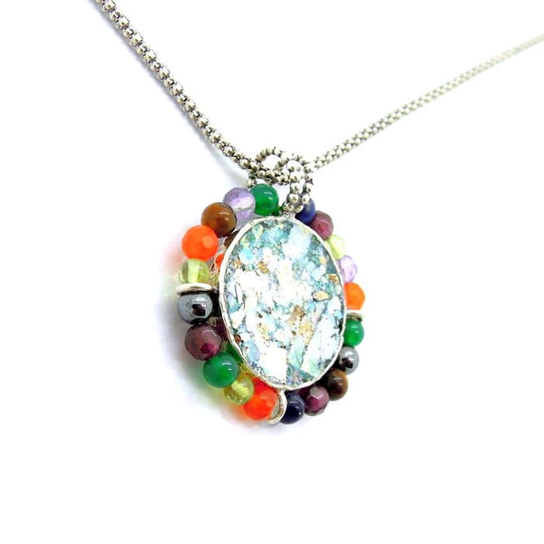 Pendant  - Round Silver And Glass Gemstone Necklace