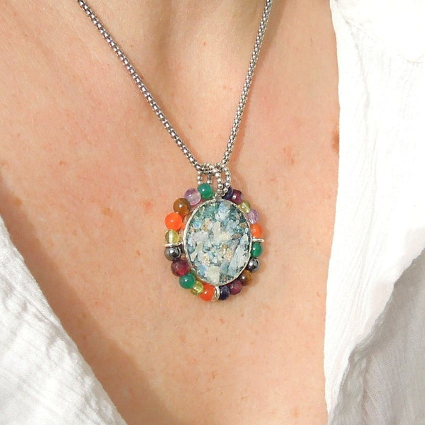 Pendant  - Round Silver And Glass Gemstone Necklace