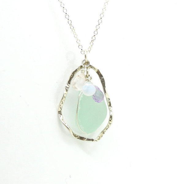 Pendant - Sea Glass Pendant With Sterling Silver & Gemstones