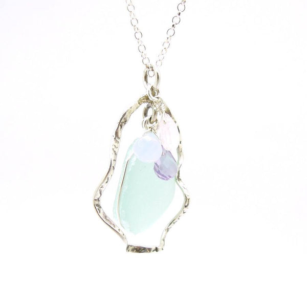 Pendant - Sea Glass Pendant With Sterling Silver & Gemstones