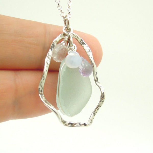 Pendant - Sea Glass Pendant With Sterling Silver & Gemstones