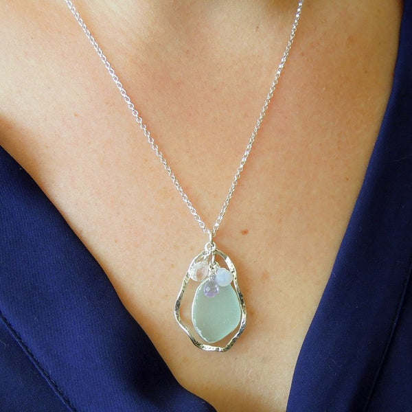 Pendant - Sea Glass Pendant With Sterling Silver & Gemstones