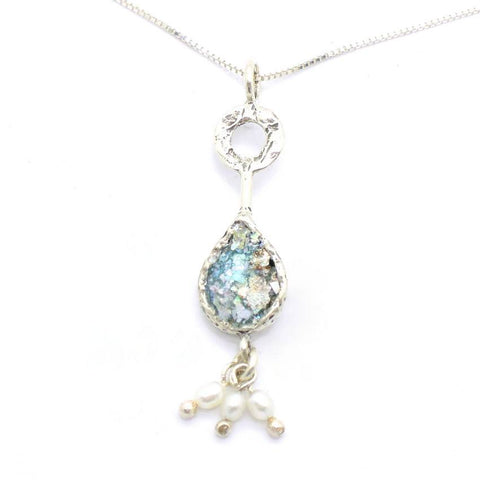 Pendant  - Silver And Pearl Pendant Necklace With Roman Glass