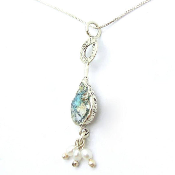 Pendant  - Silver And Pearl Pendant Necklace With Roman Glass