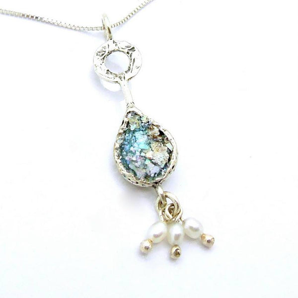 Pendant  - Silver And Pearl Pendant Necklace With Roman Glass