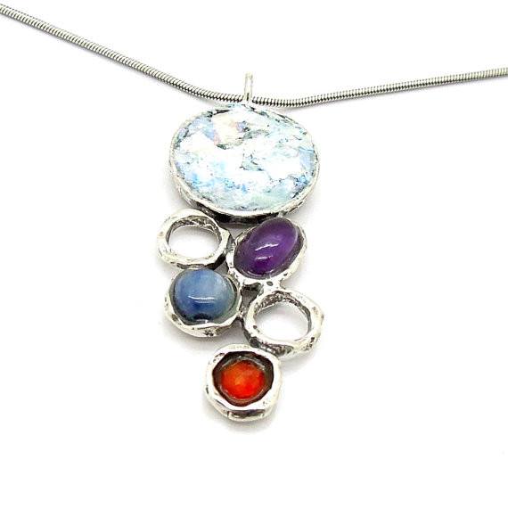 Pendant  - Silver And Roman Glass Gemstone Necklace
