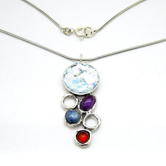 Pendant  - Silver And Roman Glass Gemstone Necklace