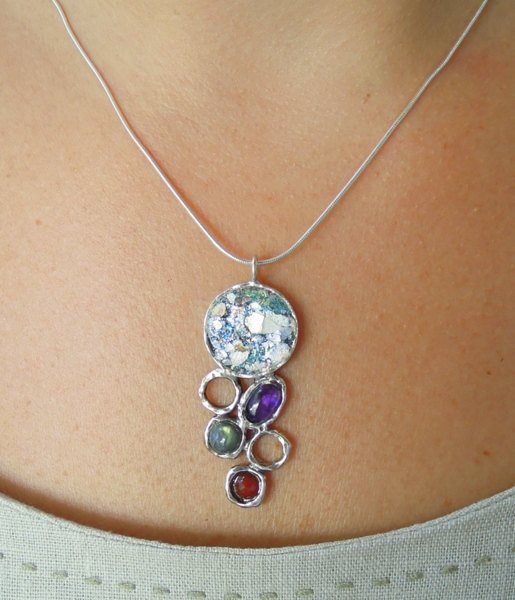 Pendant  - Silver And Roman Glass Gemstone Necklace