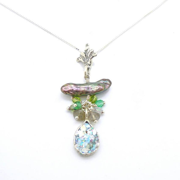 Pendant  - Silver And Roman Glass Necklace With Crystals, Labradorite And A Pearl