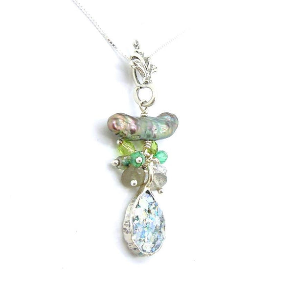 Pendant  - Silver And Roman Glass Necklace With Crystals, Labradorite And A Pearl