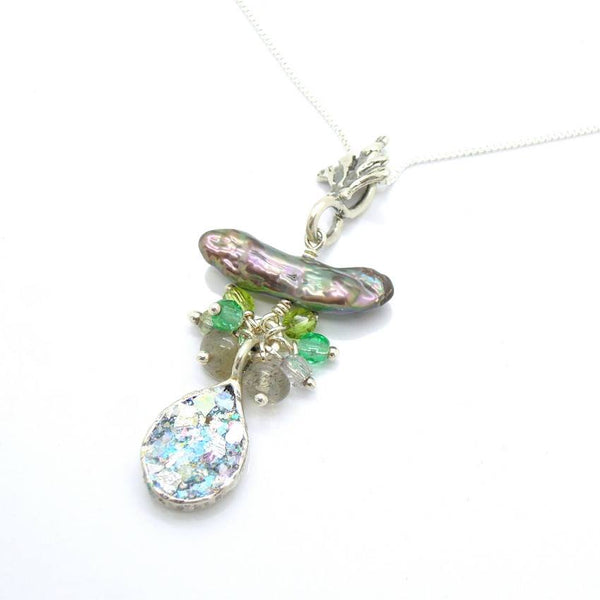 Pendant  - Silver And Roman Glass Necklace With Crystals, Labradorite And A Pearl