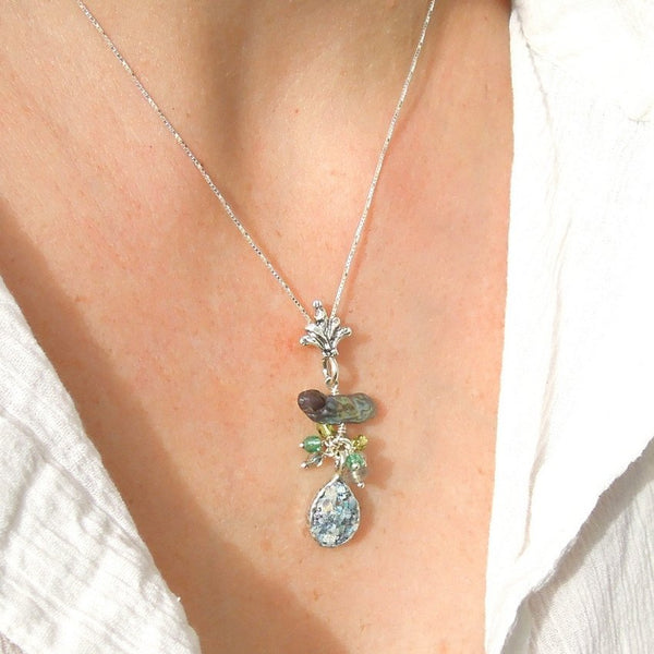 Pendant  - Silver And Roman Glass Necklace With Crystals, Labradorite And A Pearl