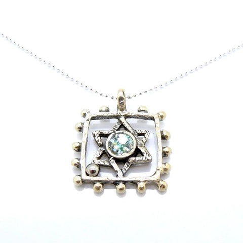 Pendant  - Silver And Roman Glass Square Circle Star Of David Necklace