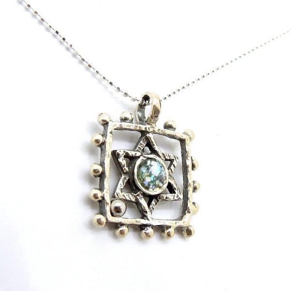 Pendant  - Silver And Roman Glass Square Circle Star Of David Necklace