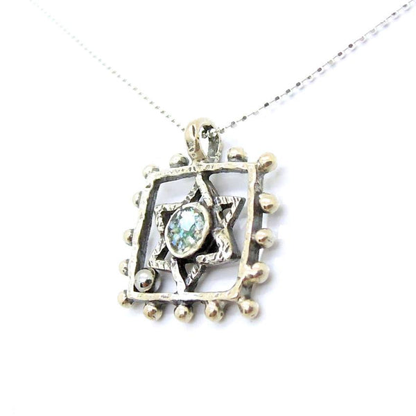 Pendant  - Silver And Roman Glass Square Circle Star Of David Necklace