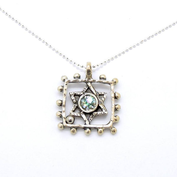 Pendant  - Silver And Roman Glass Square Circle Star Of David Necklace