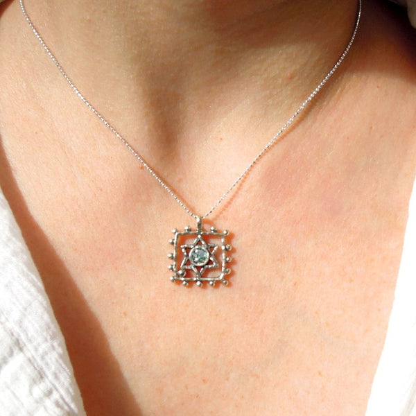 Pendant  - Silver And Roman Glass Square Circle Star Of David Necklace
