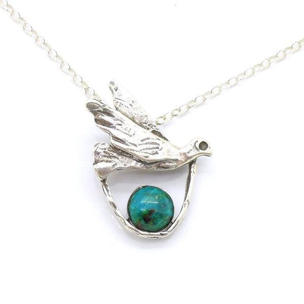 Pendant  - Silver And Turquoise Gemstone Pendant - Bird Design