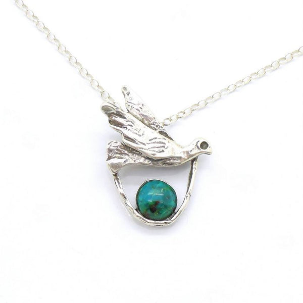 Pendant  - Silver And Turquoise Gemstone Pendant - Bird Design