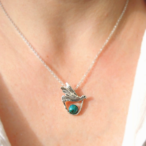 Pendant  - Silver And Turquoise Gemstone Pendant - Bird Design