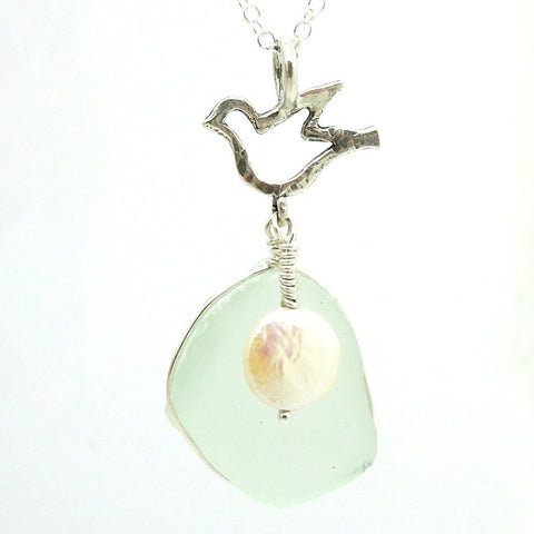 Pendant - Silver Bird Shaped Sea Glass Pendant With A Pearl