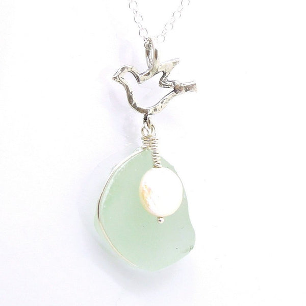 Pendant - Silver Bird Shaped Sea Glass Pendant With A Pearl