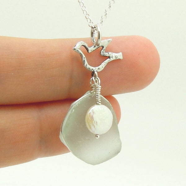 Pendant - Silver Bird Shaped Sea Glass Pendant With A Pearl