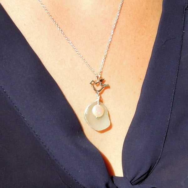 Pendant - Silver Bird Shaped Sea Glass Pendant With A Pearl