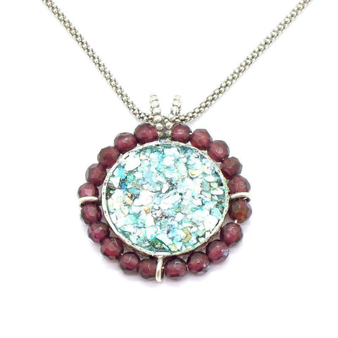 Pendant - Silver Garnet Necklace With A Round Roman Glass Pendant