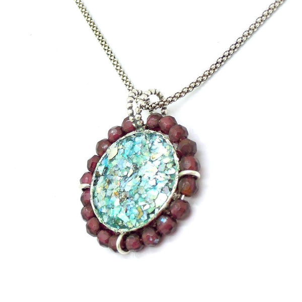 Pendant - Silver Garnet Necklace With A Round Roman Glass Pendant