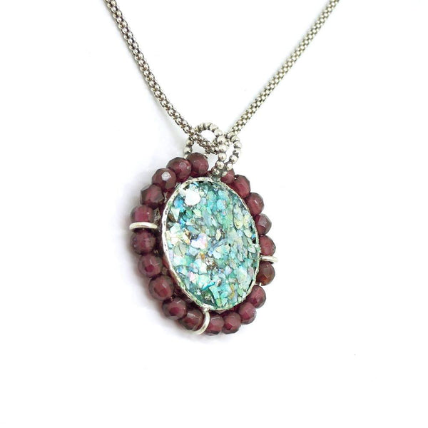 Pendant - Silver Garnet Necklace With A Round Roman Glass Pendant