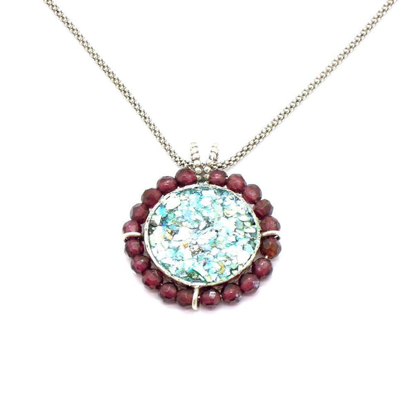 Pendant - Silver Garnet Necklace With A Round Roman Glass Pendant