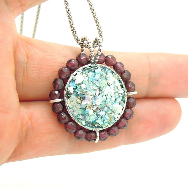 Pendant - Silver Garnet Necklace With A Round Roman Glass Pendant