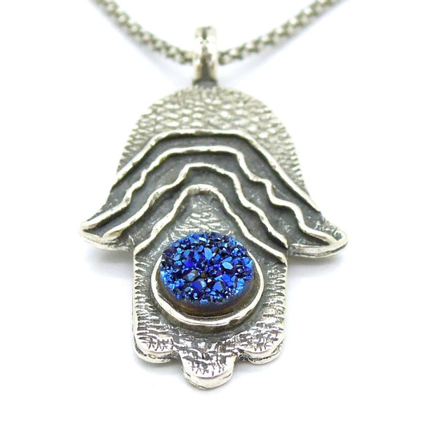 Pendant - Silver Hamsa Hand Pendant With A Blue Druzy Agate