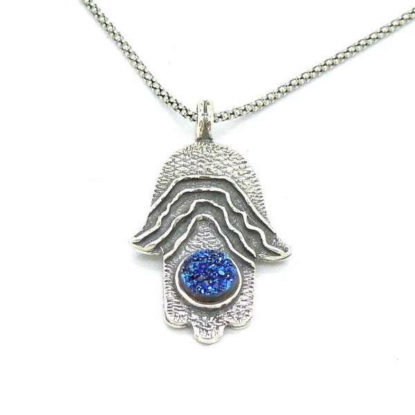 Pendant - Silver Hamsa Hand Pendant With A Blue Druzy Agate