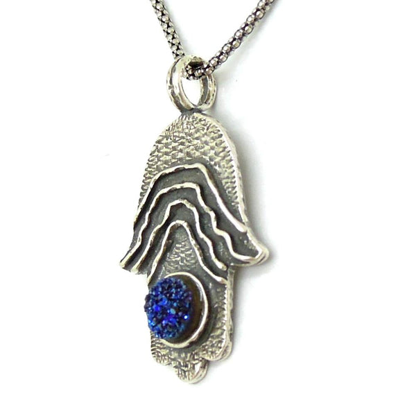 Pendant - Silver Hamsa Hand Pendant With A Blue Druzy Agate