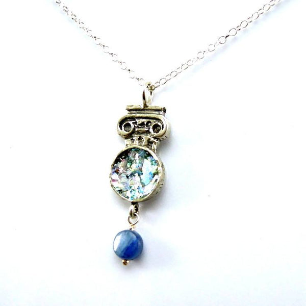 Pendant - Silver Necklace With Kyanite And Roman Glass