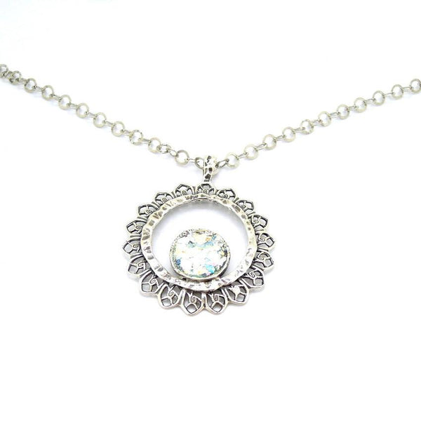 Pendant - Silver Necklace With Roman Glass Sun Shaped Pendant