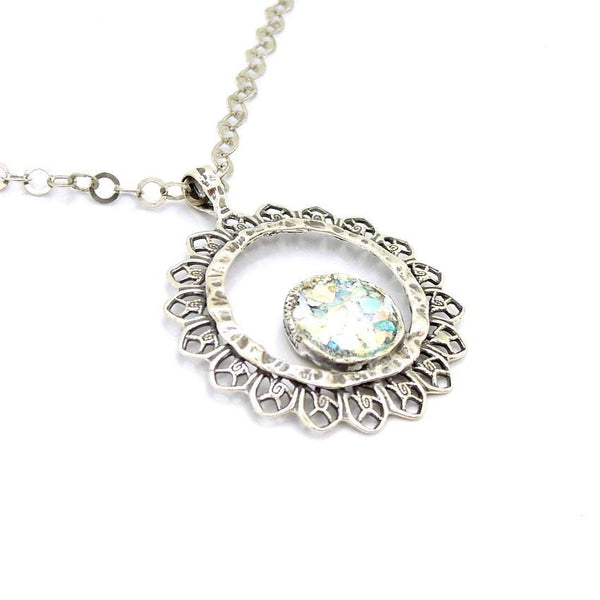 Pendant - Silver Necklace With Roman Glass Sun Shaped Pendant