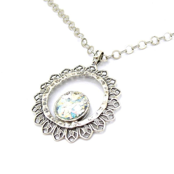 Pendant - Silver Necklace With Roman Glass Sun Shaped Pendant